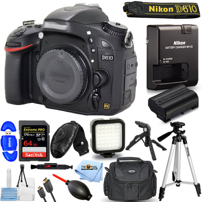 Nikon D610 DSLR-Kamera (nur Gehäuse) 1540 + 64 GB + LED-Beleuchtungsset + Stativpaket