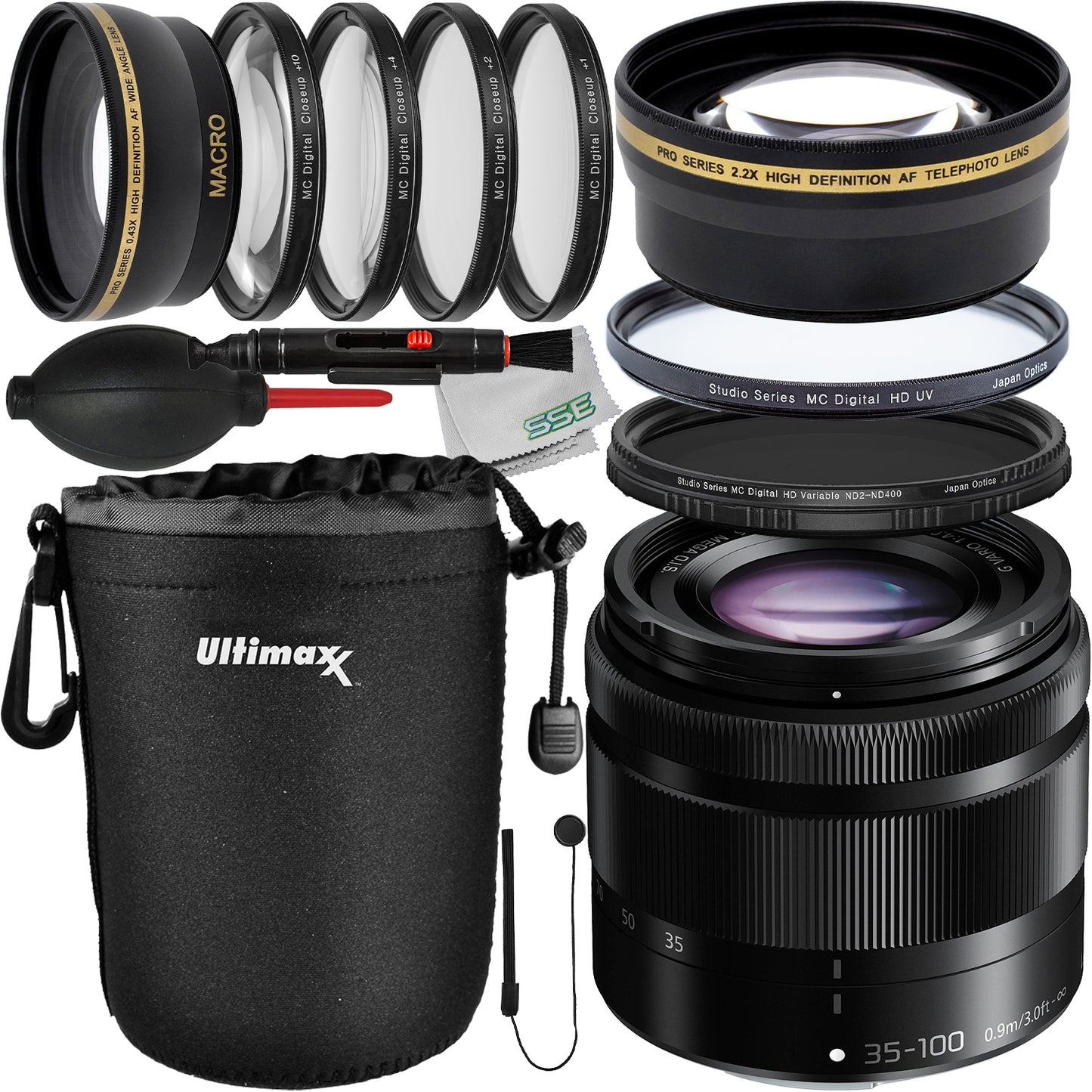 Panasonic Lumix G Vario 35–100 mm f/4–5,6 ASPH. MEGA OIS-Objektiv – 14-teiliges Paket