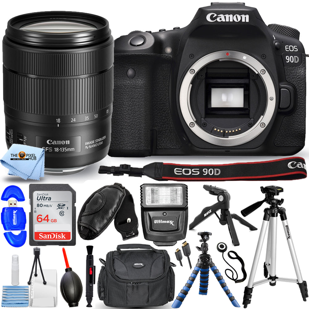 Canon EOS 90D DSLR-Kamera mit 18-135-mm-Objektiv + 64 GB + Blitz + Stativpaket