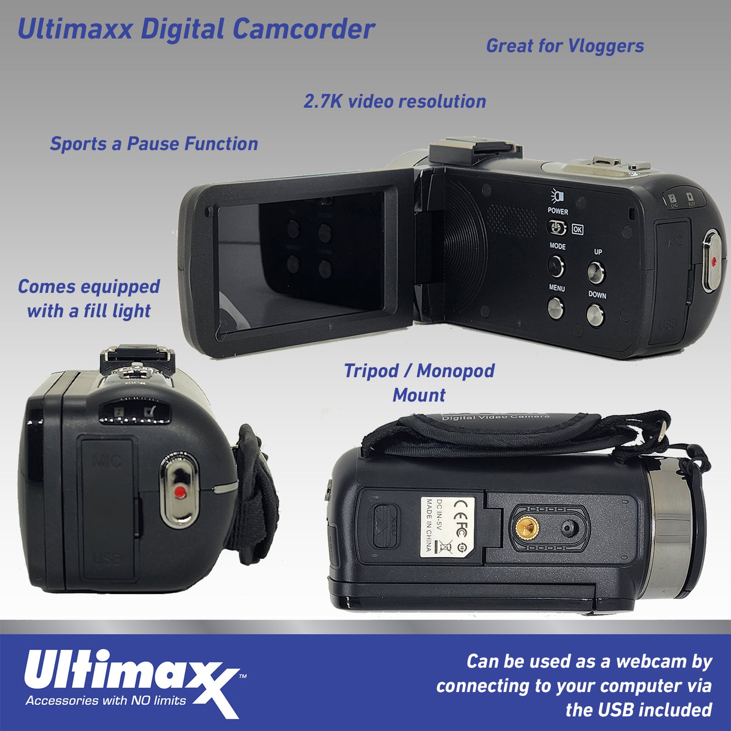 Ultimaxx 4K Ultra HD Camcorder Video-Vlogging-Kamera mit LED-Licht 42 MP, 18-facher Digitalzoom mit Fernbedienung 3,0-Zoll-LCD-Bildschirm Weihnachtsgeschenk