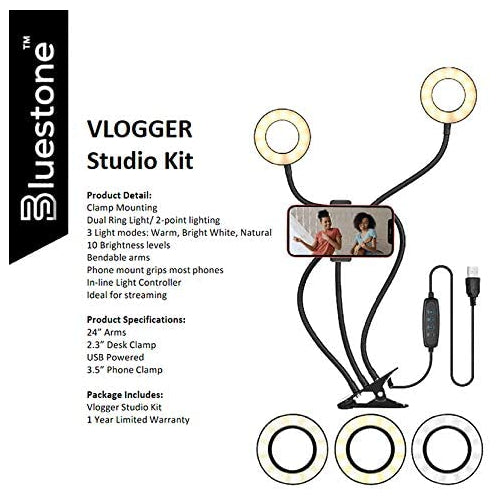 Bluestone USB-Doppelringlicht mit Telefonhalter + AA-Batterien Vlogging-Kit