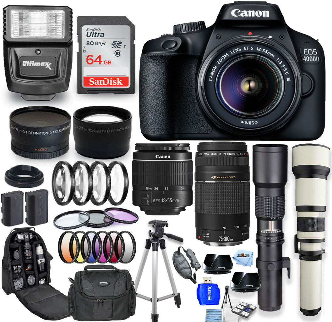 Canon EOS 4000D / Rebel T100 18-55 mm + 75-300 mm + 500 mm + 650-1300 mm 64 GB-Paket