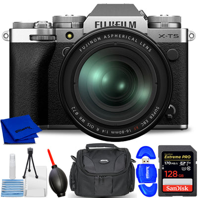 FUJIFILM X-T5 spiegellose Kamera mit 16-80-mm-Objektiv (Silber) 16782662 – 7-teiliges Paket