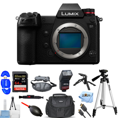 Panasonic Lumix DC-S1 spiegellose Kamera (nur Gehäuse), 64 GB, Blitz, Stativpaket