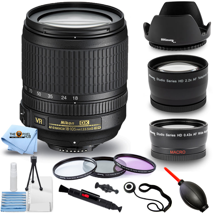 Nikon AF-S DX NIKKOR 18-105mm f/3.5-5.6G ED VR + Telephoto and Wide Angle Lenses