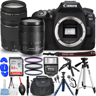 Canon EOS 90D DSLR with 18-135mm + 75-300mm + 64GB + Flash Top Value Bundle