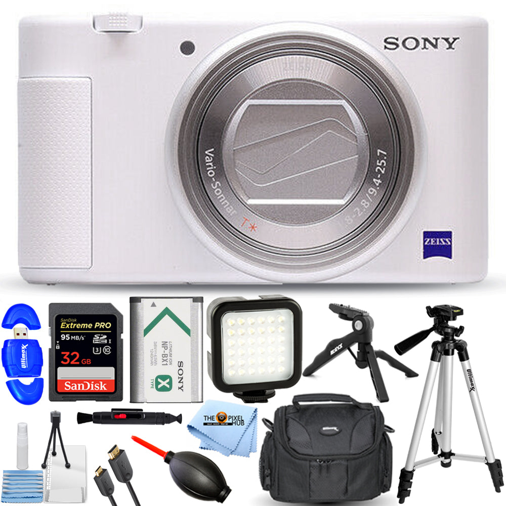 Sony ZV-1 20,1 MP Digitalkamera (weiß) + 32 GB + LED-Beleuchtungsset + Stativpaket