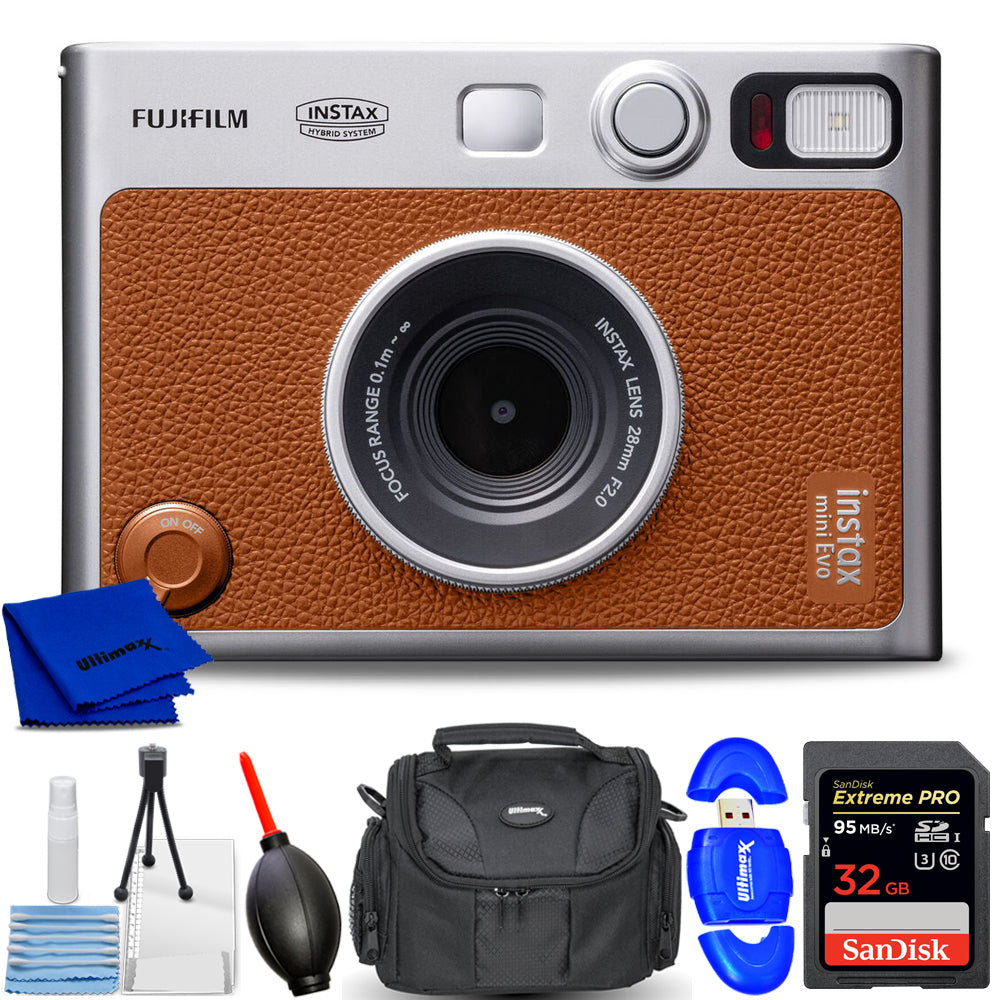 FUJIFILM INSTAX MINI EVO Hybrid-Sofortbildkamera (Braun) 16812534 – 7-teiliges Paket