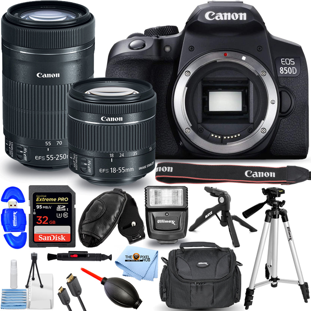 Canon EOS 850D DSLR with 18-55mm + 55-250mm + 32GB + Flash Bundle