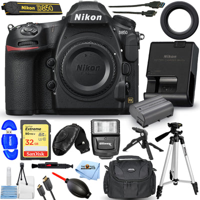 Nikon D850 DSLR-Kamera (nur Gehäuse) 1585 32 GB + Blitz + Stative Pro Bundle