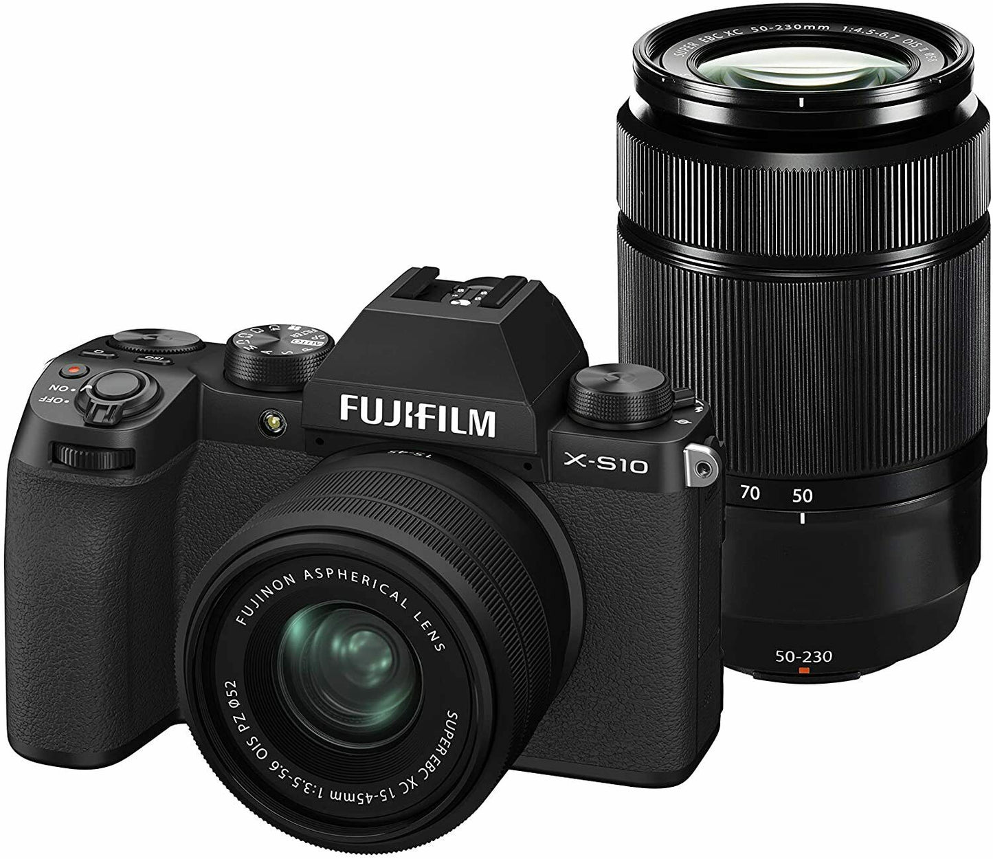 Fujifilm X-S10 (Schwarz) mit XC 15–45 mm OIS PZ- und XC 50–230 mm OIS II-Objektiven