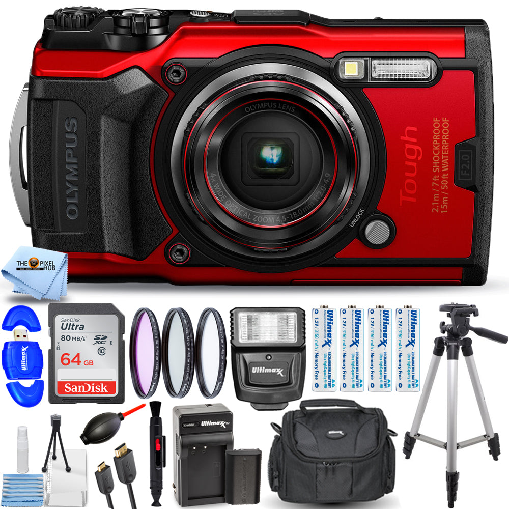 Olympus Tough TG-6 Digitalkamera (rot) + 64 GB + EXT BATT + Blitzpaket