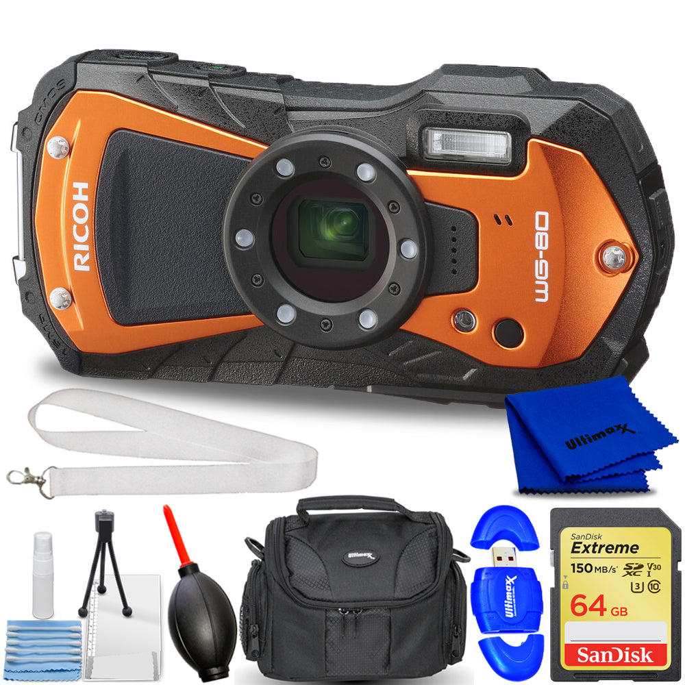 Ricoh WG-80 Digital Camera (Orange) 03128 - 8PC Accessory Bundle