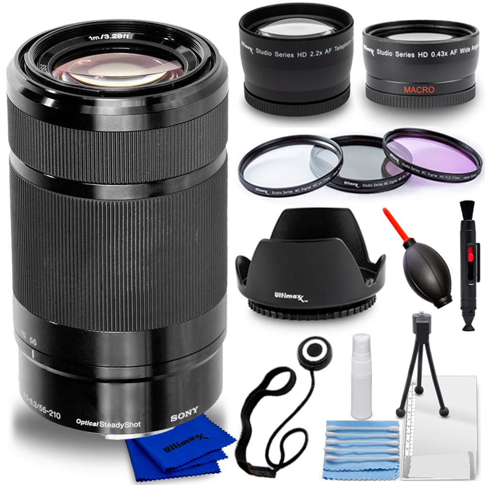 Sony E 55–210 mm f/4,5–6,3 OSS E-Mount-Objektiv + Tele- und Weitwinkelobjektive