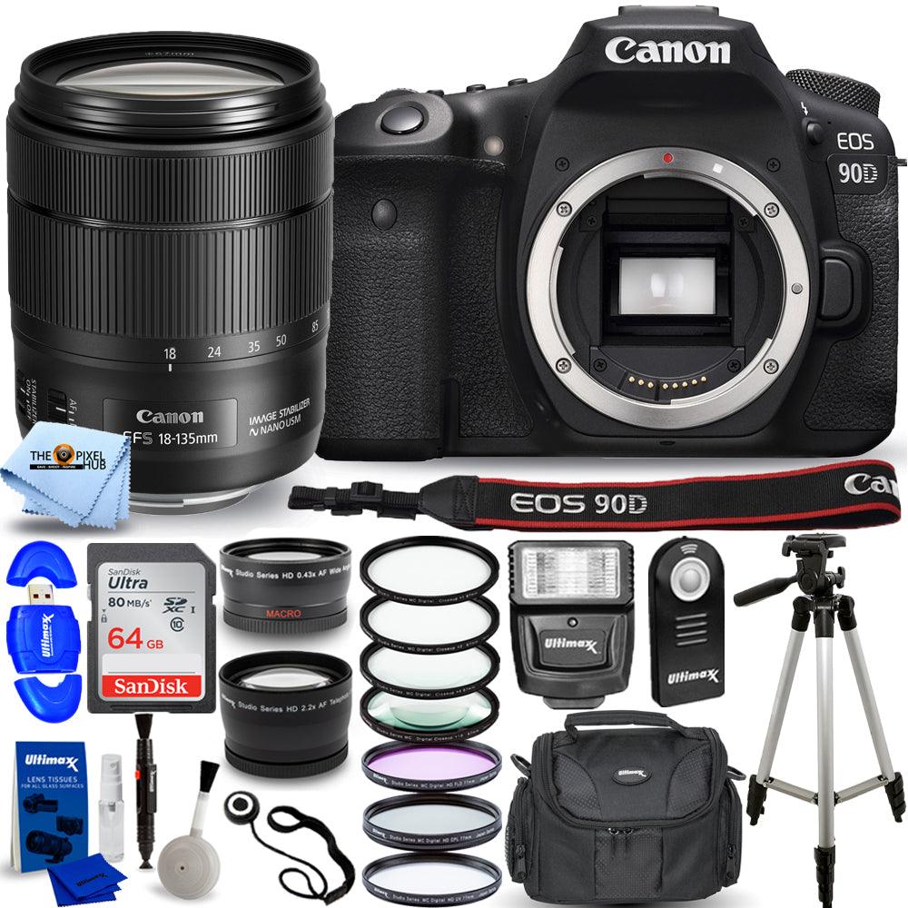 Canon EOS 90D DSLR-Kamera mit 18-135-mm-Objektiv + 64 GB + Blitz + Filter-Kit-Paket