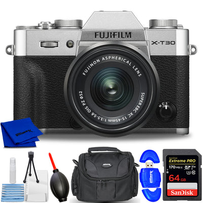 FUJIFILM X-T30 Spiegellose Digitalkamera mit 15-45-mm-Objektiv (Silber) – Paket