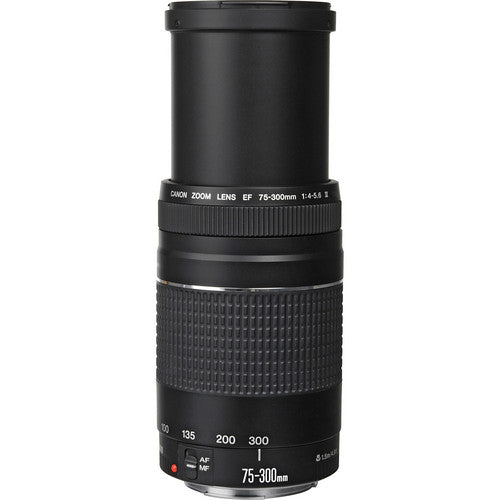 Canon EF 75–300 mm f/4–5,6 III-Objektiv (schwarz) + 500-mm-Voreinstellungsobjektiv + Filterpaket