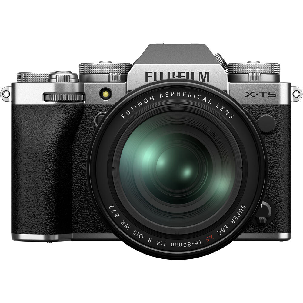 FUJIFILM X-T5 spiegellose Kamera mit 16-80-mm-Objektiv, Silber – 14-teiliges Zubehörpaket