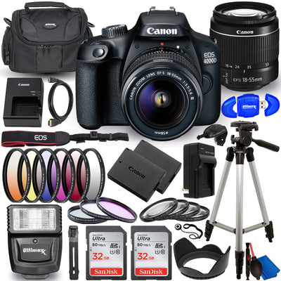 Canon EOS 4000D / Rebel T100 mit 18-55 mm III-Objektiv – preisgünstiges 64-GB-Paket