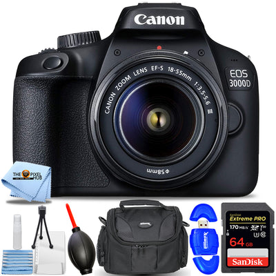 Canon EOS 3000D / T100 DSLR mit 18-55 mm III-Objektiv – Essential 64 GB-Paket