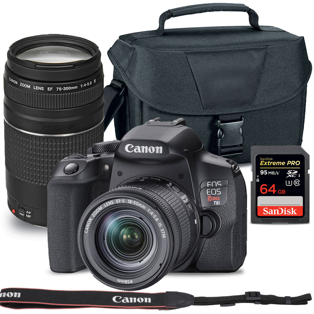 Canon EOS Rebel T8i mit 18-55 mm + 75-300 mm III + großer Tragetasche + 64 GB-Paket