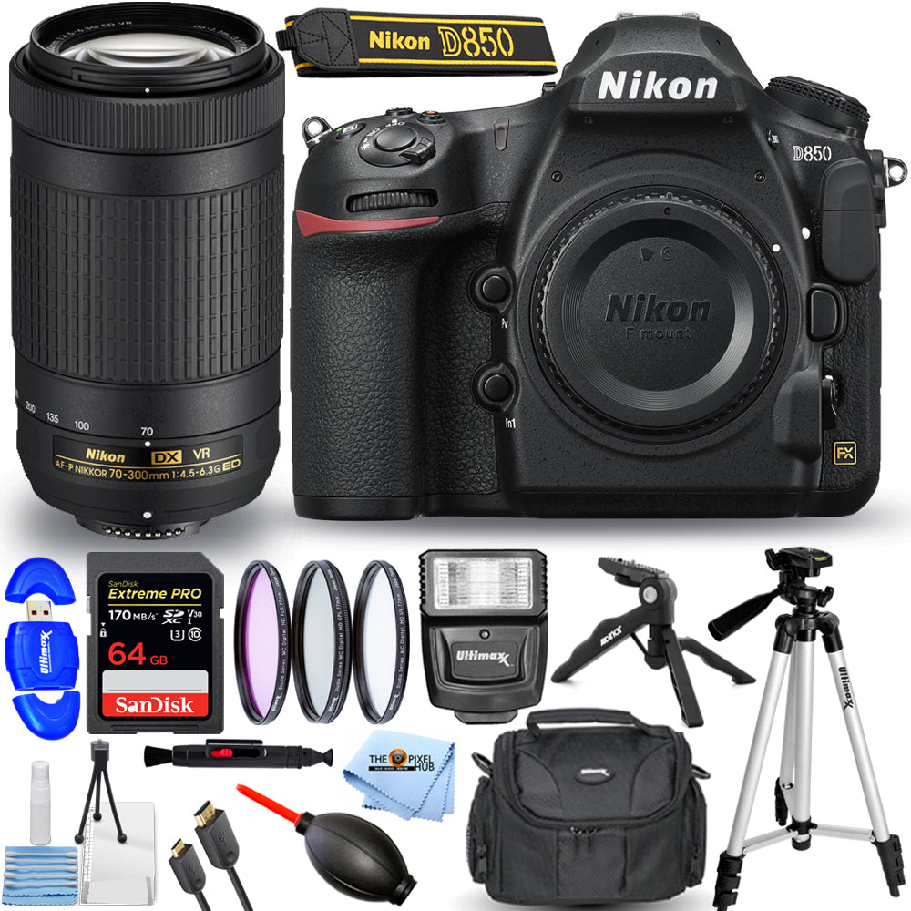 Nikon D850 DSLR-Kamera mit 70-300 mm ED VR-Objektiv + 32 GB + Blitz + Stativpaket