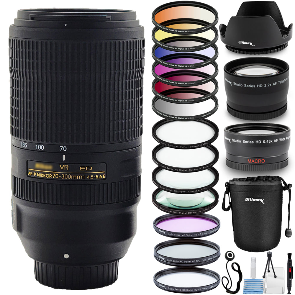 Nikon AF-P NIKKOR 70–300 mm 1:4,5–5,6E ED VR-Objektiv + Filter-Kits + Beutelpaket