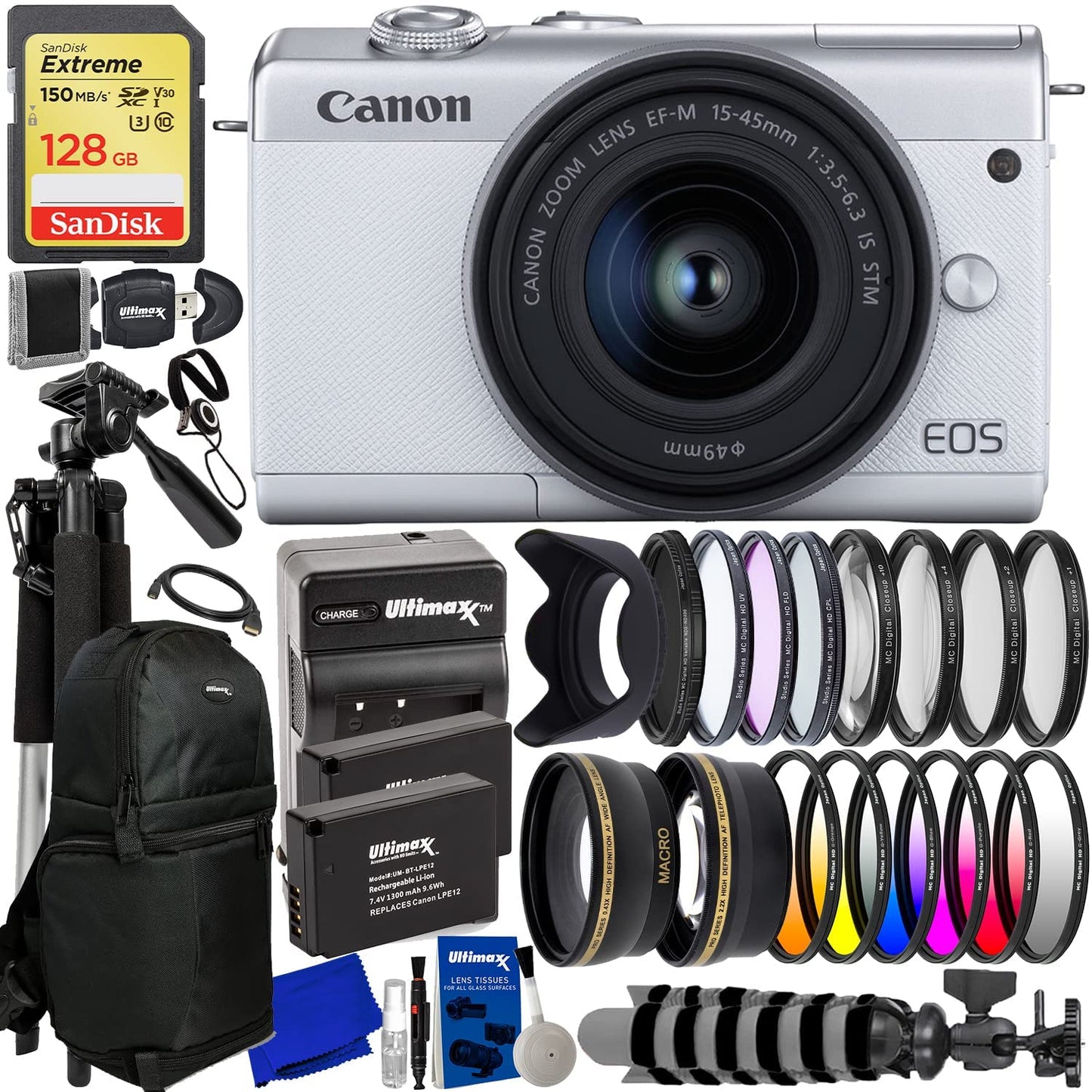 Canon EOS M200 Mirrorless Digital Camera with 15-45mm Lens (White) + 128GB Kit