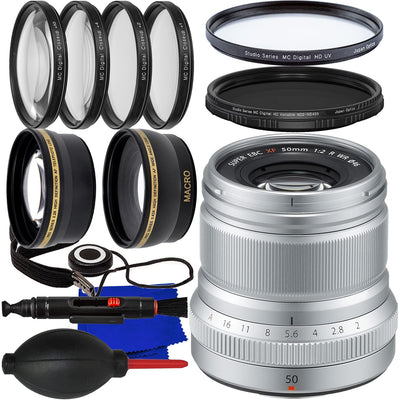 FUJIFILM XF 50mm f/2 R WR Objektiv (Silber) 16536623 - 10-teiliges Zubehörpaket