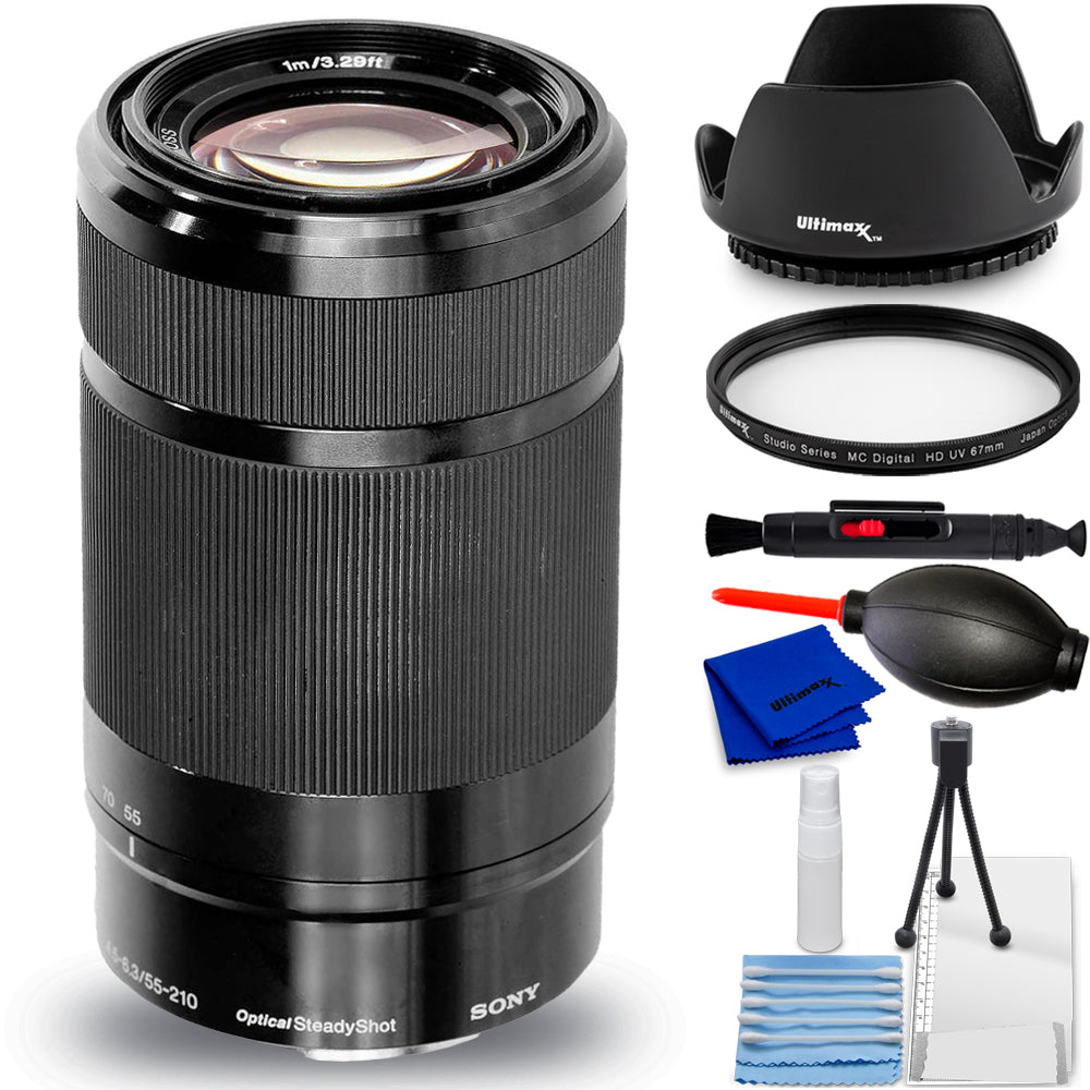 Sony E 55–210 mm f/4,5–6,3 OSS-Objektiv (schwarz) – 7-teiliges Zubehörpaket, weiße Box