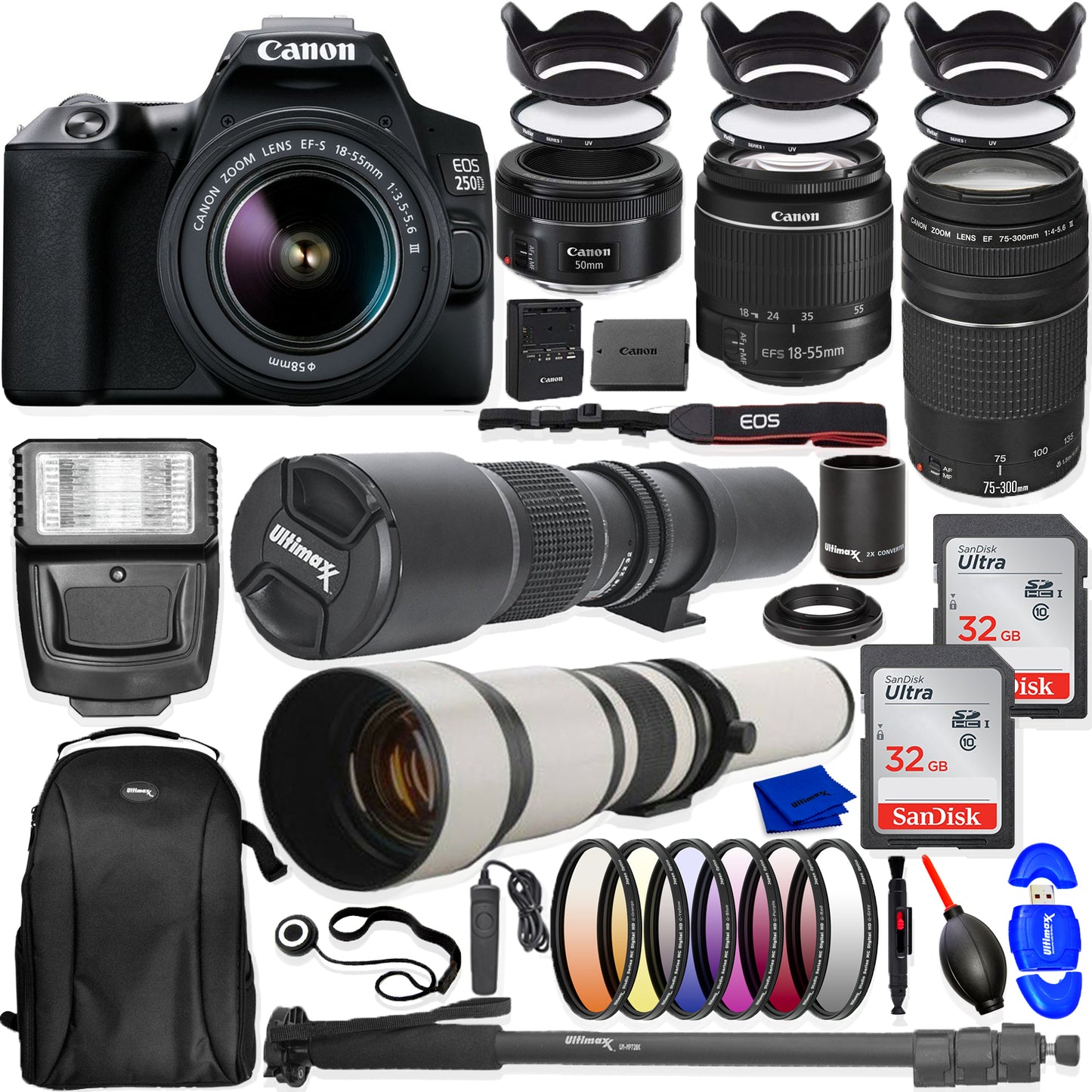 Canon EOS 250D/Rebel SL3 18-55 mm + 75-300 mm + 50 mm STM 5 OBJEKTIV – Top-Value-Paket