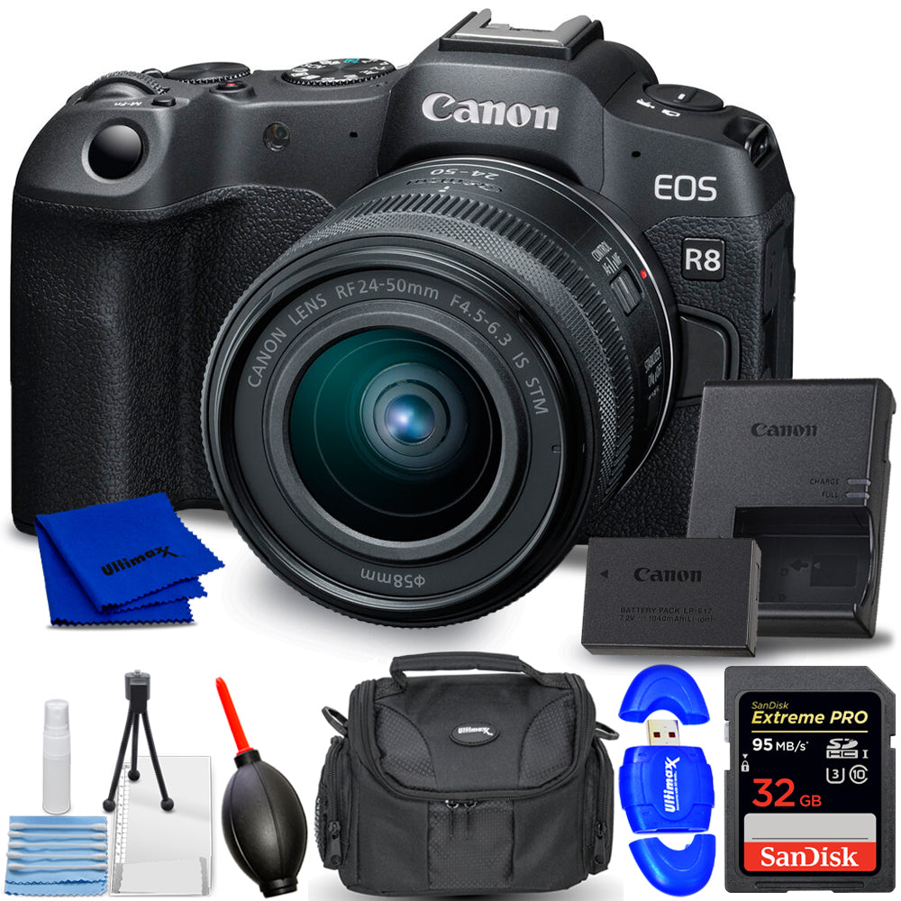 Canon EOS R8 Mirrorless Camera with RF 24-50mm IS STM Lens - 7PC Accessory Kit