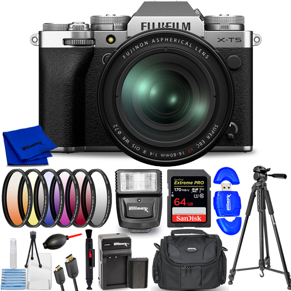 FUJIFILM X-T5 Mirrorless Camera with 16-80mm Lens Silver - 14PC Accessory Bundle