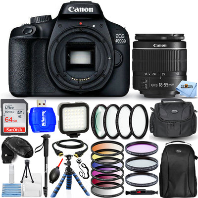 Canon EOS 4000D/Rebel T100 mit 18-55 mm + 64 GB + Filter-Kit + Rucksack-Paket