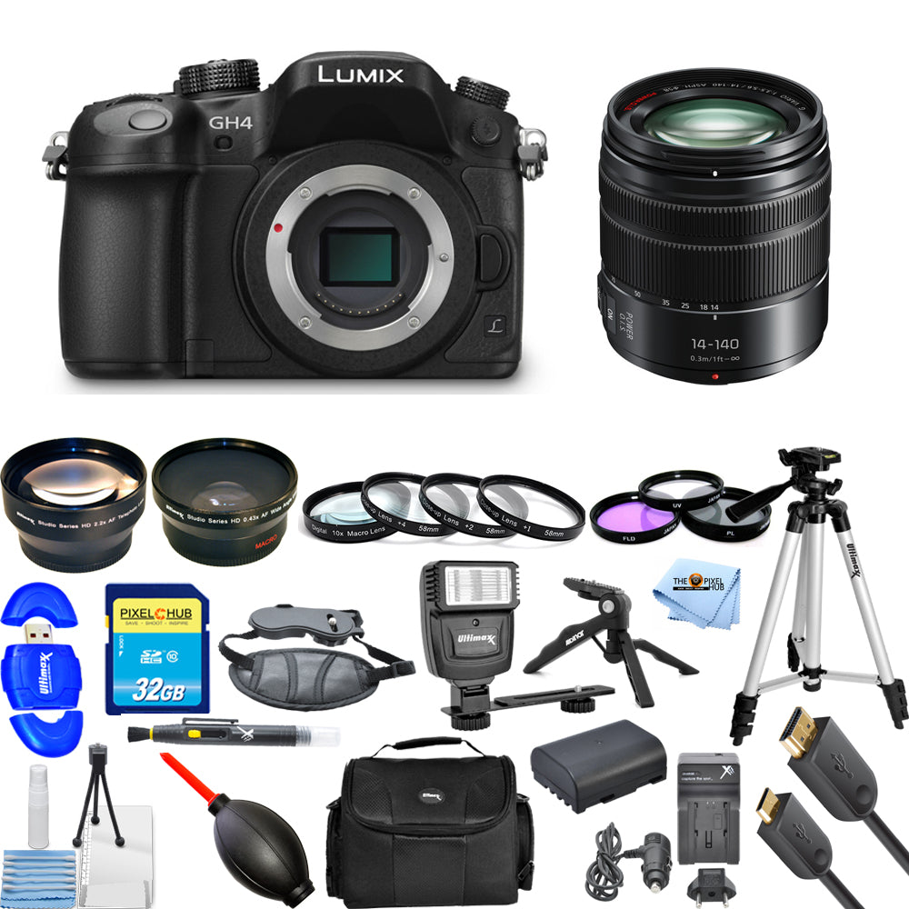 Panasonic Lumix DMC-GH4 spiegellose Micro Four Thirds-Digitalkamera mit 14-140-mm-Objektiv, Bundle 2