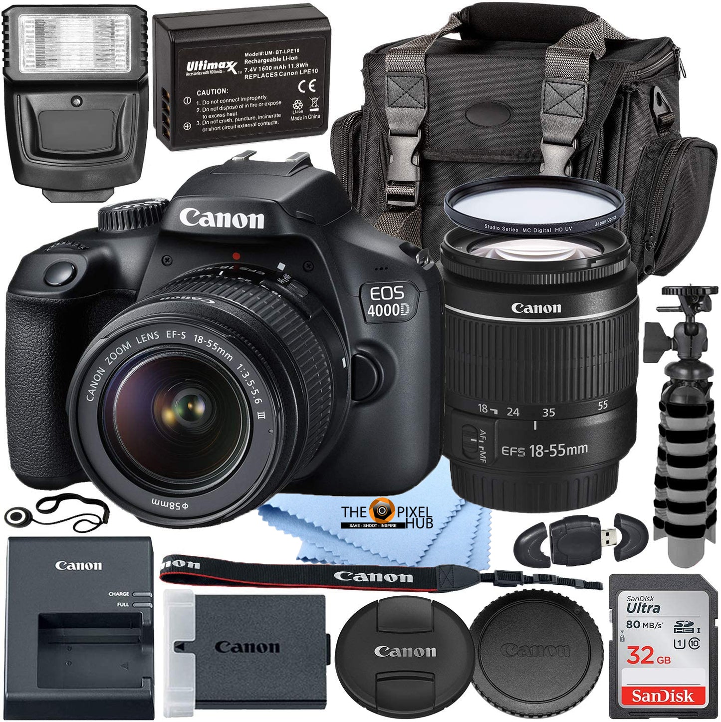 Canon EOS 4000D mit EF-S 18-55 mm f/3.5-5.6 III Objektiv + 32 GB + EXT BATT Bundle