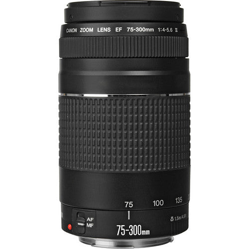 Canon EF 75–300 mm f/4–5,6 III-Objektiv (schwarz) + 500-mm-Voreinstellungsobjektiv + Filterpaket