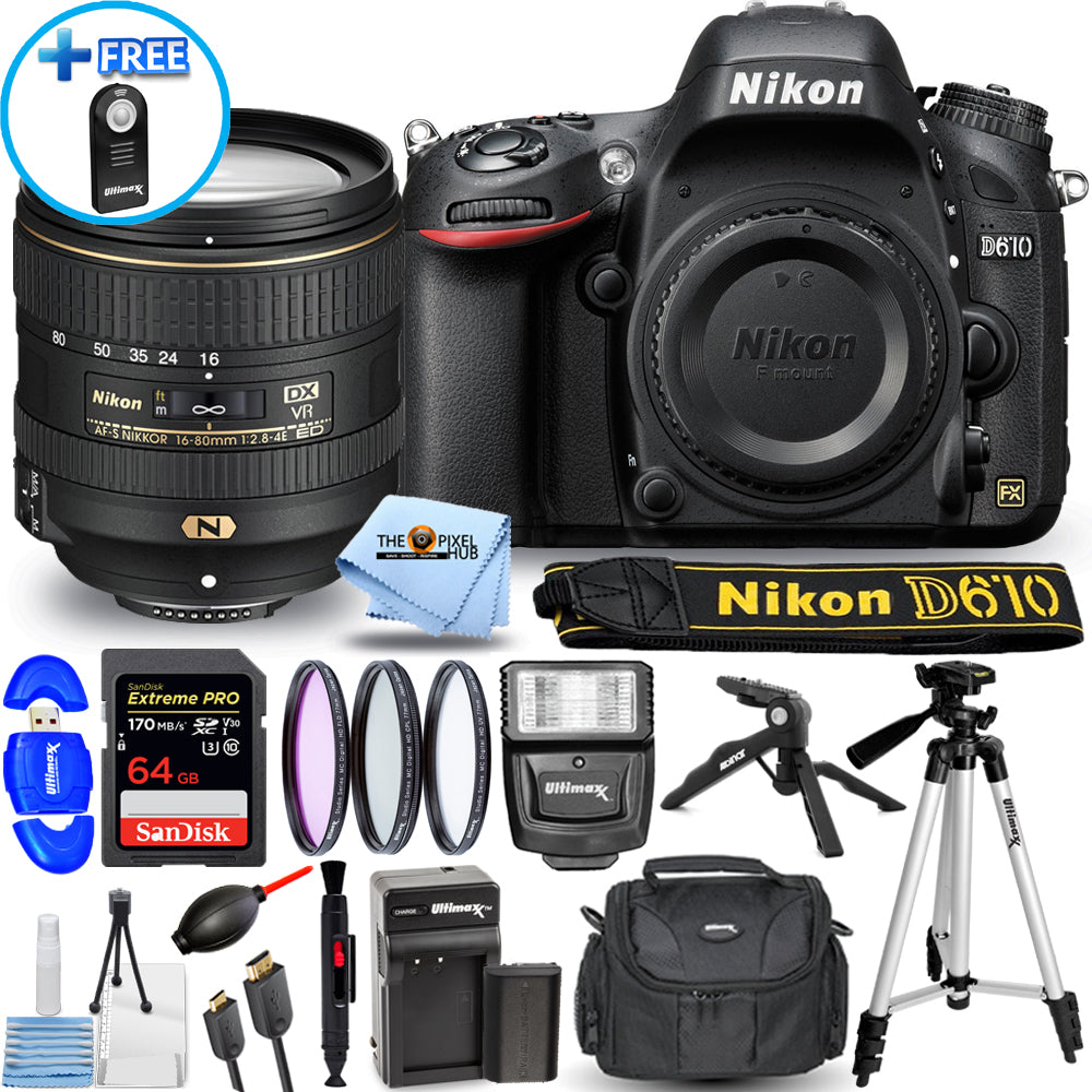 Nikon D610-Kamera mit 16–80 mm f/2.8-4E ED VR-Objektiv – 15-teiliges Zubehörpaket