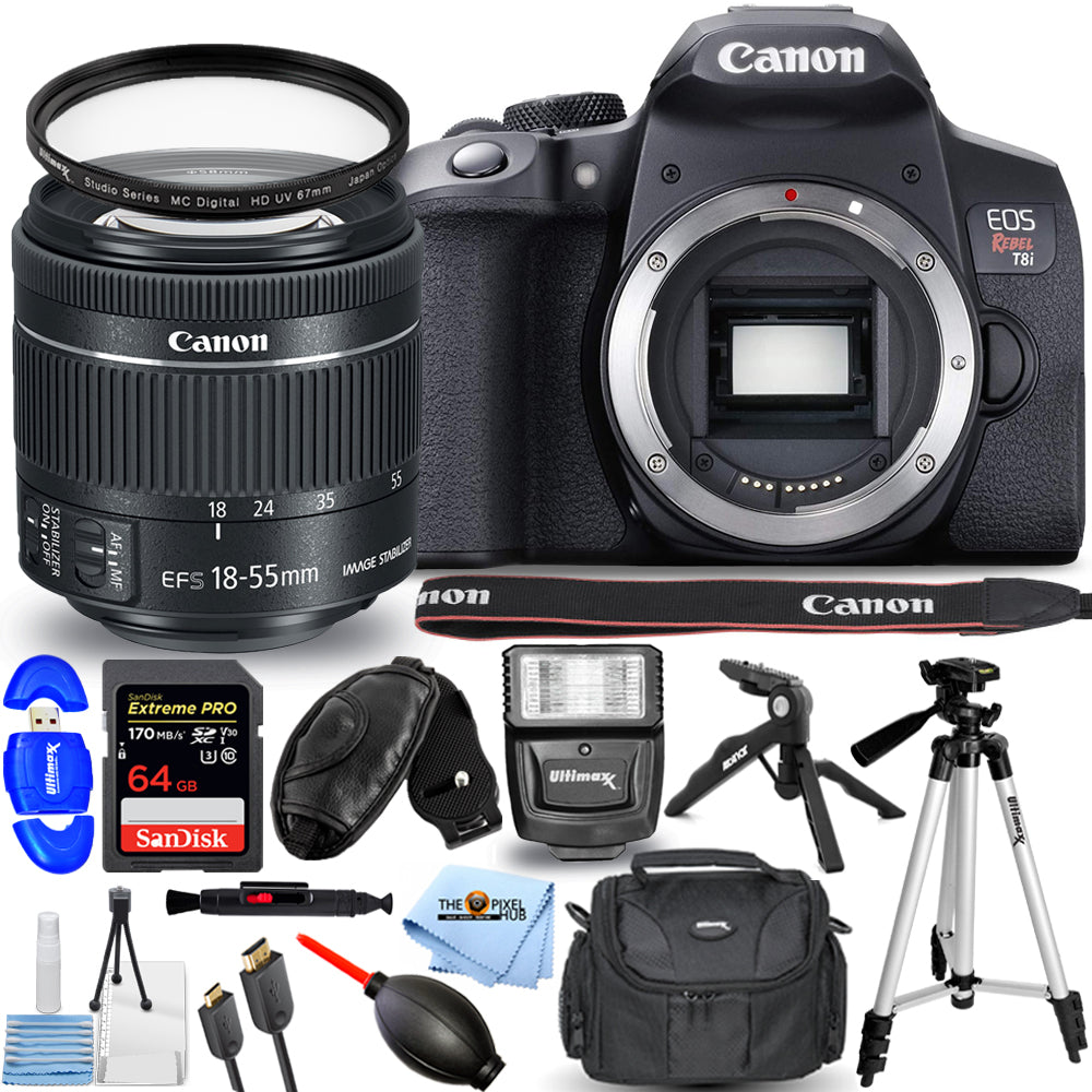 Canon EOS Rebel T8i DSLR with 18-55mm Lens + 64GB + Flash + Tripod Bundle