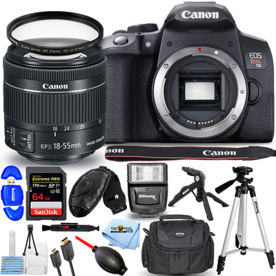 Canon EOS Rebel T8i DSLR mit 18-55-mm-Objektiv + 64 GB + Blitz + Stativpaket