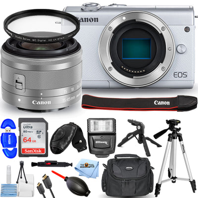 Canon EOS M200 spiegellose Kamera mit 15-45 mm (weiß) + 64 GB + Blitzlicht-Paket