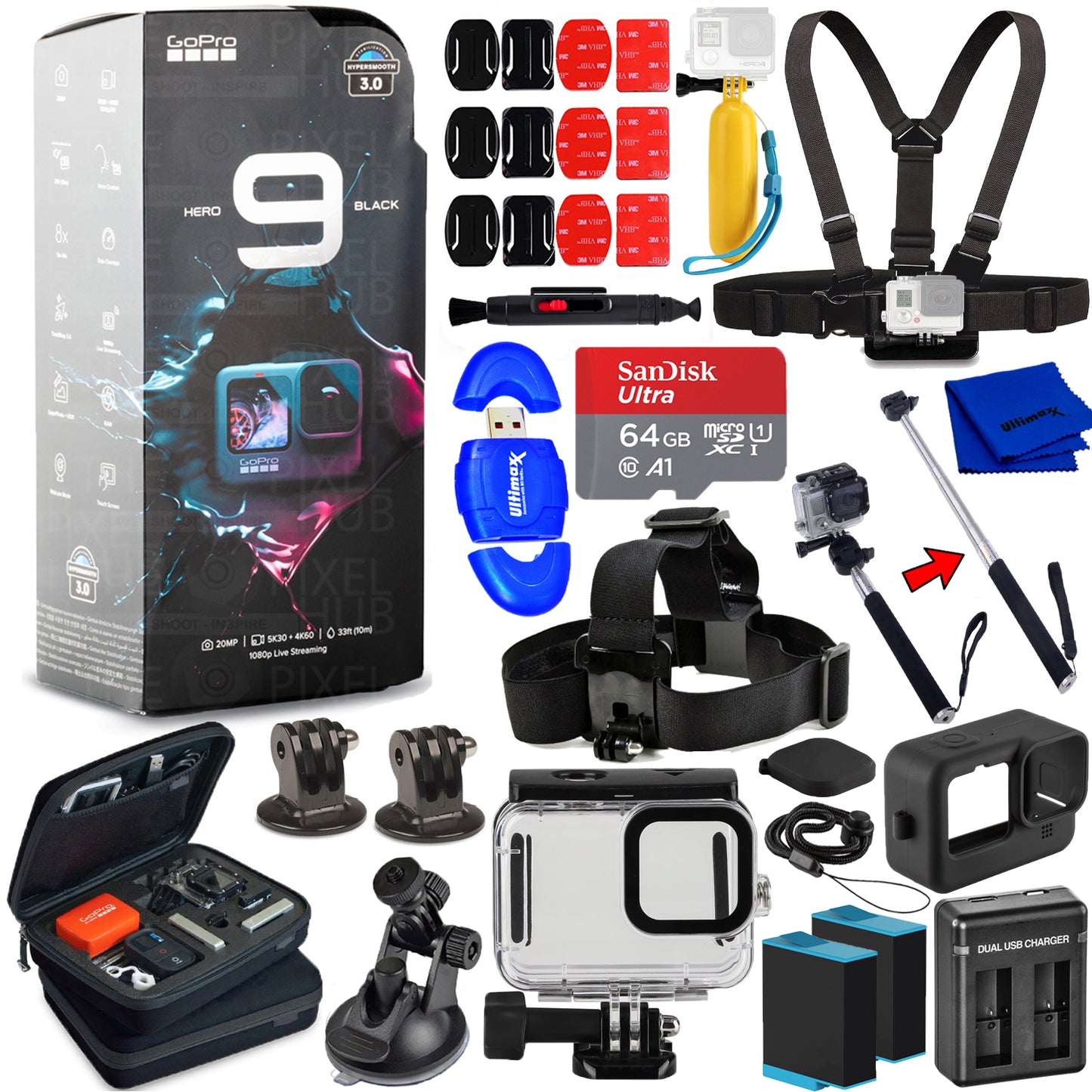 GoPro HERO9 wasserdichter 5K-Camcorder + EXT BATT + 64 GB + Unterwassergehäuse-Paket