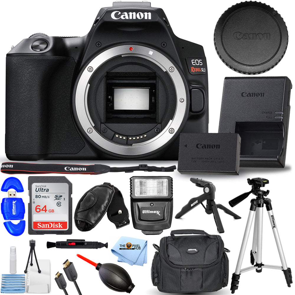 Canon EOS Rebel SL3 DSLR-Kamera (schwarz, nur Gehäuse) – 12-teiliges Zubehörpaket