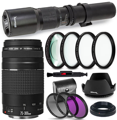 Canon EF 75–300 mm f/4–5,6 III-Objektiv (schwarz) + 500-mm-Voreinstellungsobjektiv + Filterpaket