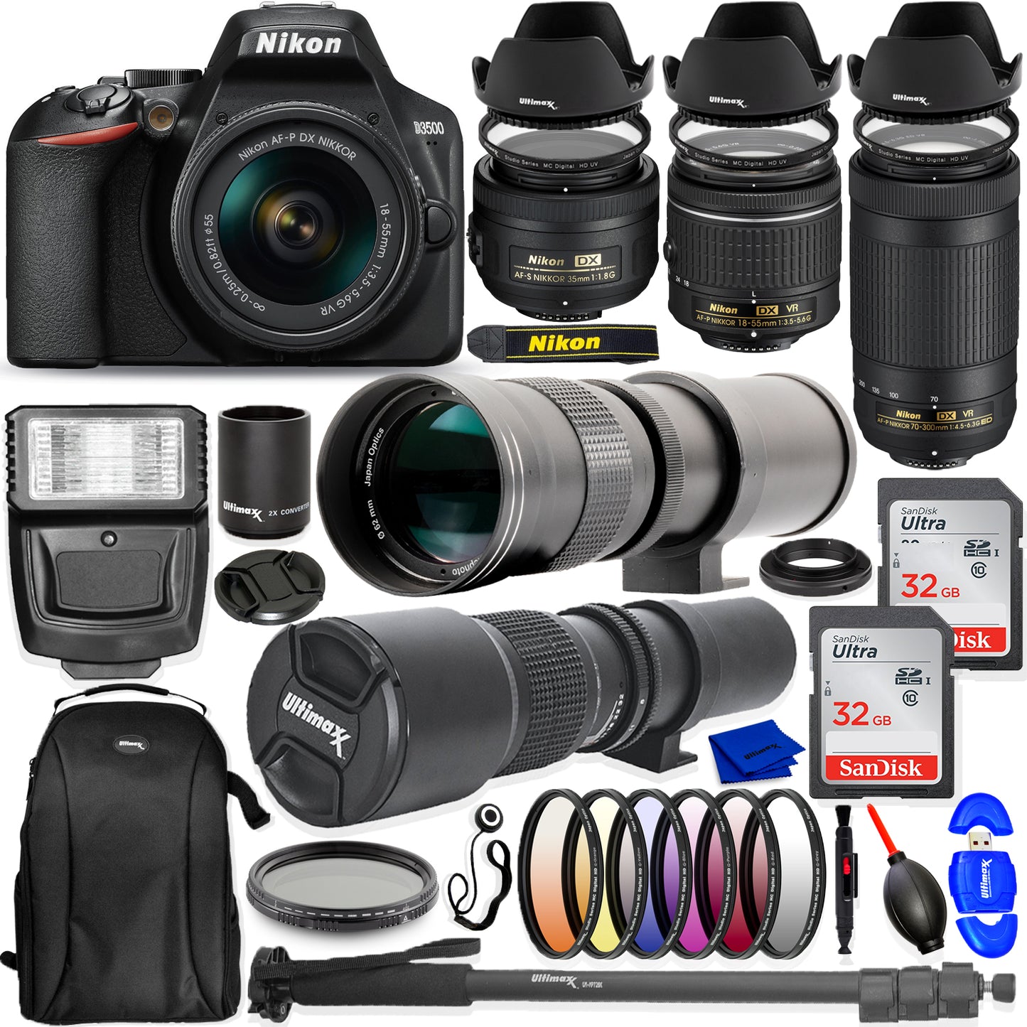 Nikon D3500 DSLR mit 18-55 mm + 70-300 mm + 420-800 mm + 500 mm Objektiven im Paket