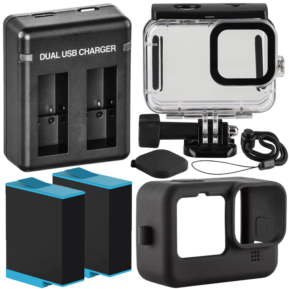 Ultimaxx Zubehörset für GoPro HERO9 HERO10 HERO11 + 2 Akkus + wasserdichtes Gehäuse