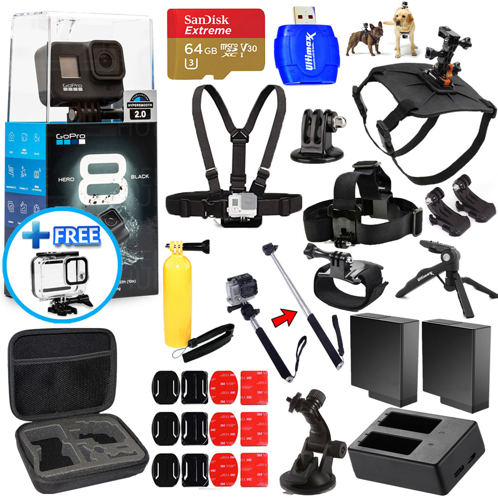 GoPro HERO8 HERO 8 Schwarz – All-in-1-MEGA-ZUBEHÖR-KIT + EXT-AKKU + 64 GB-Paket